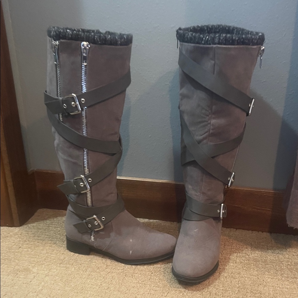 Gray Buckle Knee-High Boots